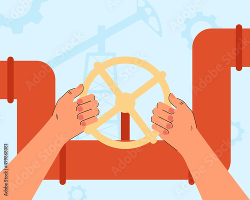 Hands of plumber turning water valve. Pipe with wheel flat vector illustration. Plumbing, industry, construction, repair service concept for banner, website design or landing web page