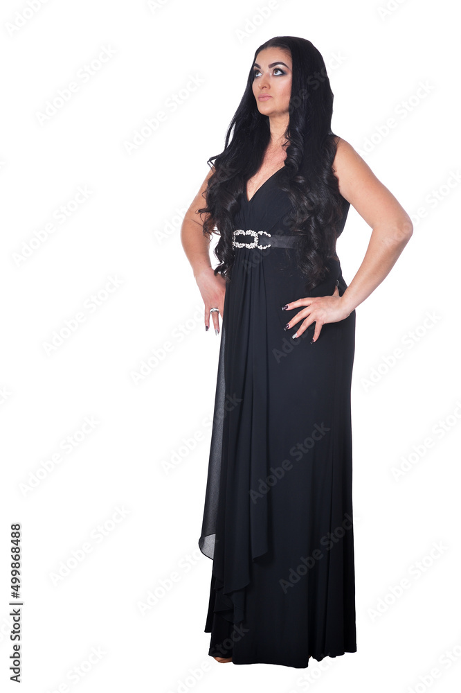 Portrait of beautiful woman in black dress isolated on white background