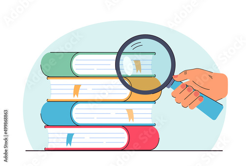 Hand of student holding magnifying glass and studying books. Stack of books for scientific research flat vector illustration. Education, information concept for banner, website design or landing page