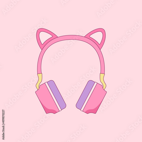 Pink headphones with cat ears flat vector illustration. Cute gaming headphones for girls.