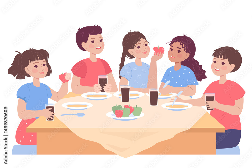 Cartoon children eating soup for lunch or dinner together. Friends having meal at restaurant or cafe flat vector illustration. Food, communication concept for banner, website design or landing page Cartoon children eating soup for lunch or dinner together. Friends having meal at restaurant or cafe flat vector illustration. Food, communication concept for banner, website design or landing page