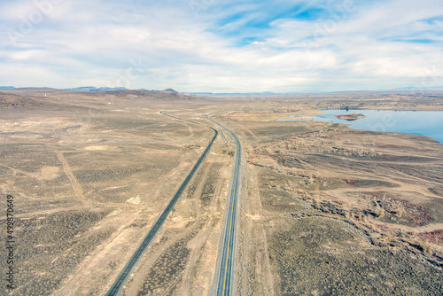 Aerial view of Highway 50  The Loneliest Road in America near Lahontan Reservoir in Northern Nevada.