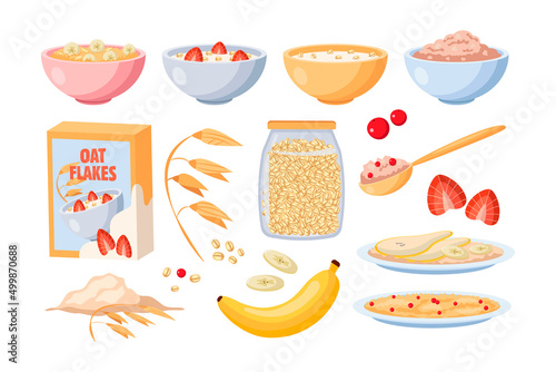 Oatmeal porridge for breakfast cartoon illustration set. Oat flakes in box, bowl of porridge with banana, pear and strawberry, jar of granola. Food, grain, healthy lifestyle, nourishment concept