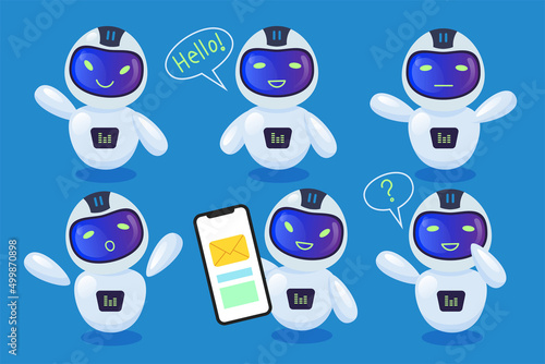 Cute chatbots or robots cartoon illustration set. Funny bots saying hello, waving, showing mobile phone, helping to solve problem. AI, artificial intelligence, modern technology concept
