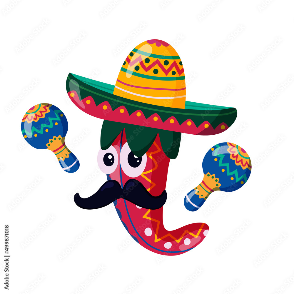 Cinco de Mayo Mexican. Cute funny hot pepper with maracas and sombrero. Isolated on white background. Vector banner. Vector illustration Cinco de Mayo Mexican. Cute funny hot pepper with maracas and sombrero. Isolated on white background. Vector banner. Vector illustration