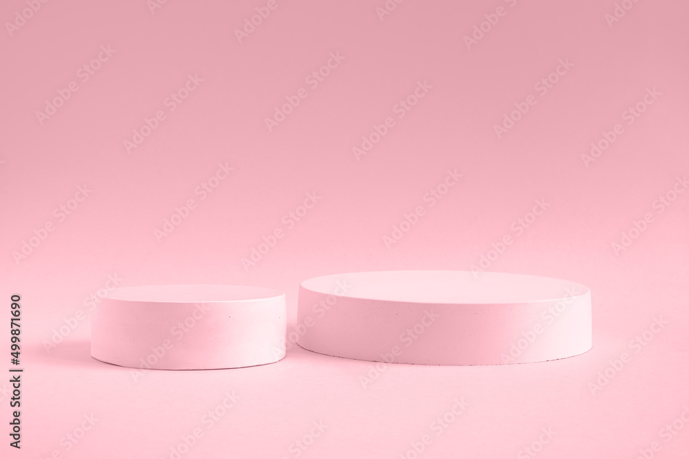 Podium for cosmetic product presentation. Abstract minimal geometrical form. Cylinder stone sphere two forms, shadow. Scene to show products. Showcase, display. Trendy sunlight. Front view. 3D Podium for cosmetic product presentation. Abstract minimal geometrical form. Cylinder stone sphere two forms, shadow. Scene to show products. Showcase, display. Trendy sunlight. Front view. 3D