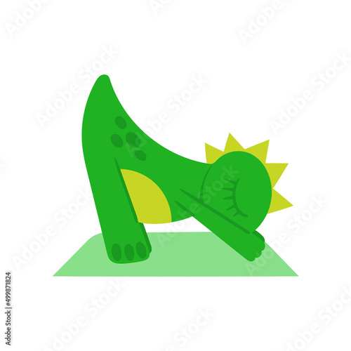Green cartoon dinosaur doing yoga. Yoga asanas on sports mat. Vector image. Dinosaur isolated on white background. Design element for designing postcards banners brochures menus posters websites