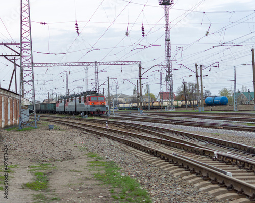 Railway tracks. Old railway, fresh green grass