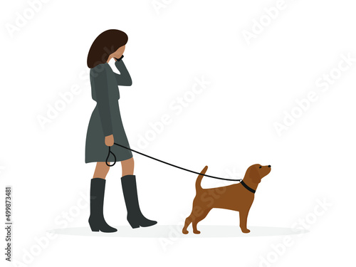 Female character walking with a dog on a leash and talking on the phone on a white background
