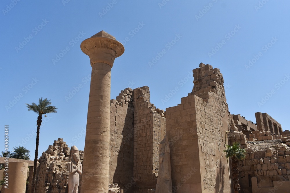 Ruins and the remaining column of the Kiosk of Taharqaof at the Karnak Temple Complex in Luxor, Egypt.