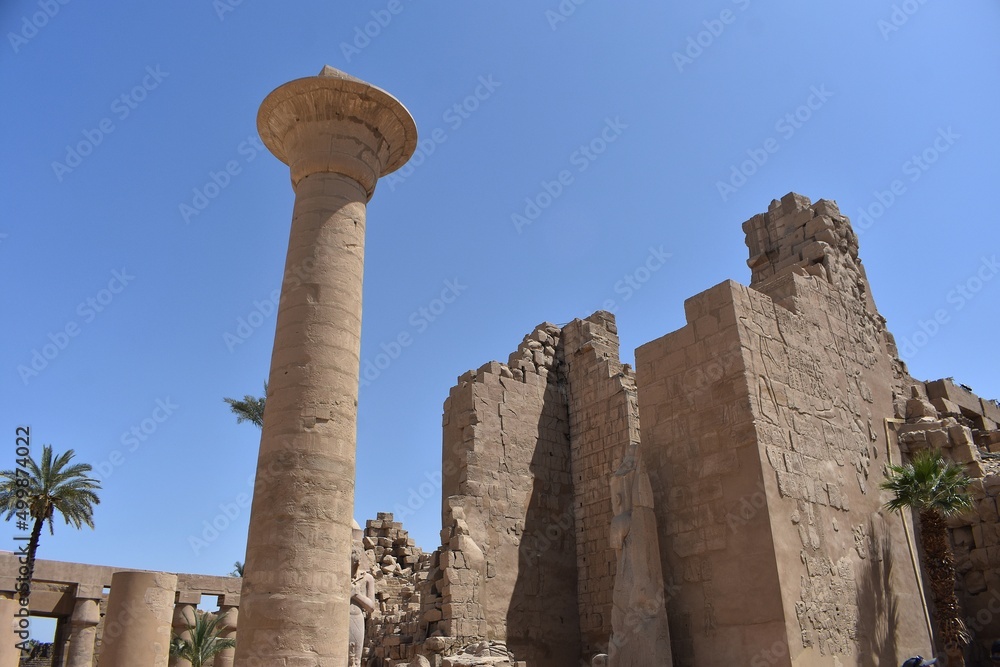 Ruins and the remaining column of the Kiosk of Taharqaof at the Karnak Temple Complex in Luxor, Egypt.