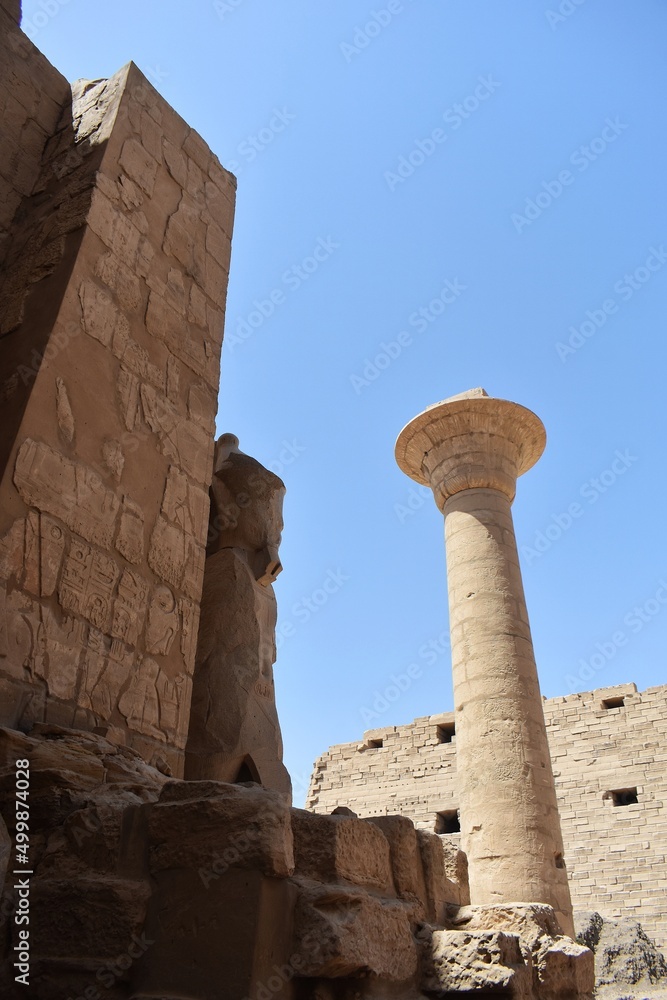 Ruins and the remaining column of the Kiosk of Taharqaof at the Karnak Temple Complex in Luxor, Egypt.
