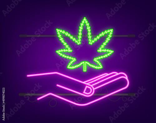 Hand cbd neon icon. Hand holding marijuana leaf. Medical treatment. Vector stock illustration.