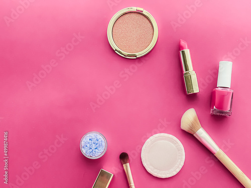 Fotografie, Obraz Beauty, make-up and cosmetics flatlay design with copyspace, cosmetic products a