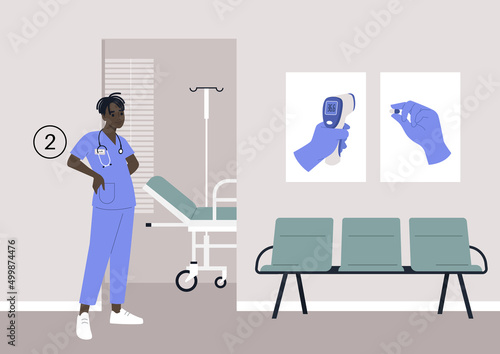 Therapist cabinet waiting area, seats and posters on the wall, health care concept, annual checkup