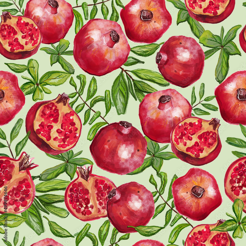 Watercolor seamless pattern with pomegranate fruits and pomegranate leaves. Hand drawn illustration. Watercolor seamless pattern with pomegranate fruits and pomegranate leaves. Hand drawn illustration.
