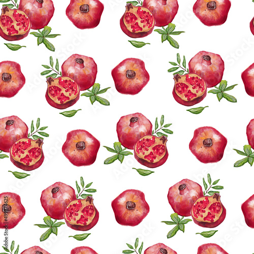 Fototapeta Naklejka Na Ścianę i Meble -  Watercolor seamless pattern with pomegranate fruits and pomegranate leaves. Hand drawn illustration isolated on white background.