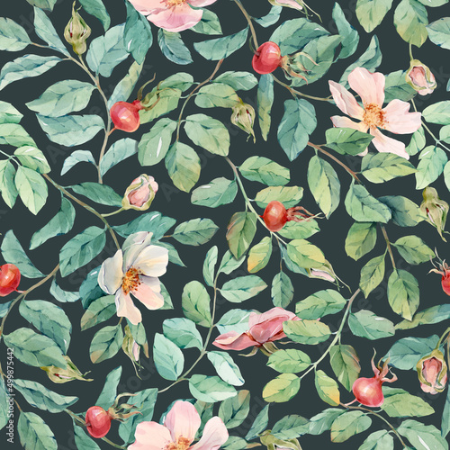 Delicate seamless pattern with intertwining twigs, pink flowers, green leaves and red rose hips. Painted by hand in watercolor. It will be good for wedding invitations, postcards, textiles.