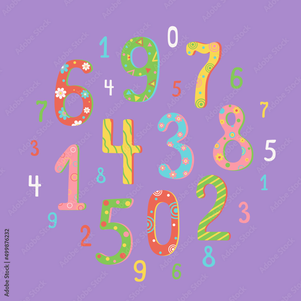 Fototapeta premium The numbers are multi-colored in the style of doodle. Set. Design for children's holidays, birthday. Vector illustration.