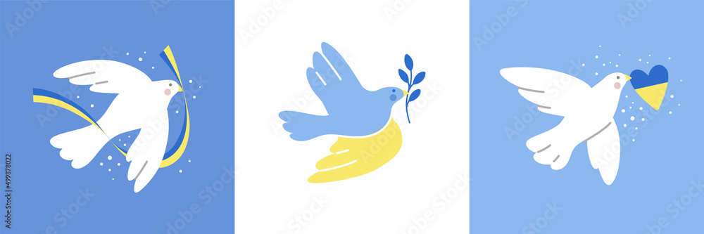 Flying dove with ukrainian symbol. Support Ukraine, no war. Vector illustration.