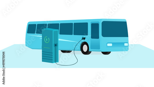 Public transport bus charging at electric vehicle charging station, vehicle at EV charge Point, business vector illustration on white background.