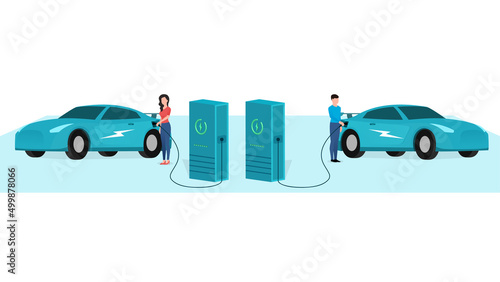 man and woman charging sports car at electric vehicle charging station, vehicle at EV charge Point, business character vector illustration on white background.
