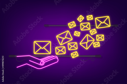 Envelope with a newsletter concept. Open message with the document. Subscribe to newsletter neon icon. Vector stock illustration.