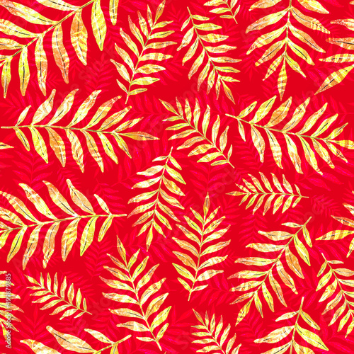 Watercolor seamless pattern with colorful abstract tropical leaves. Bright summer print with exotic plants. Creative trendy botanical textile design. 