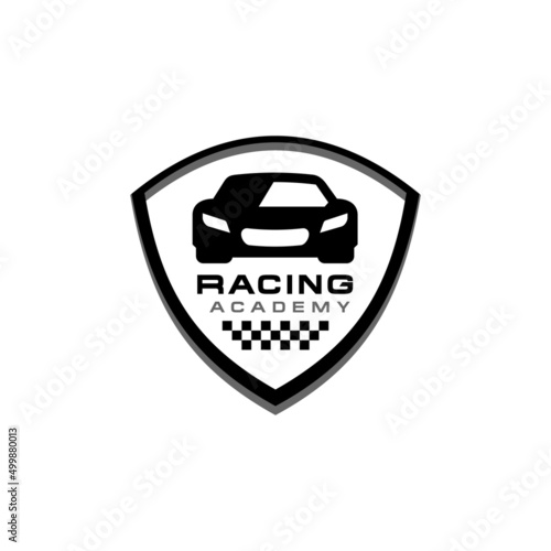 Racing course logo vector. racing car design in an emblem shield Illustration, secure driving car shield academy logo. license driving academy