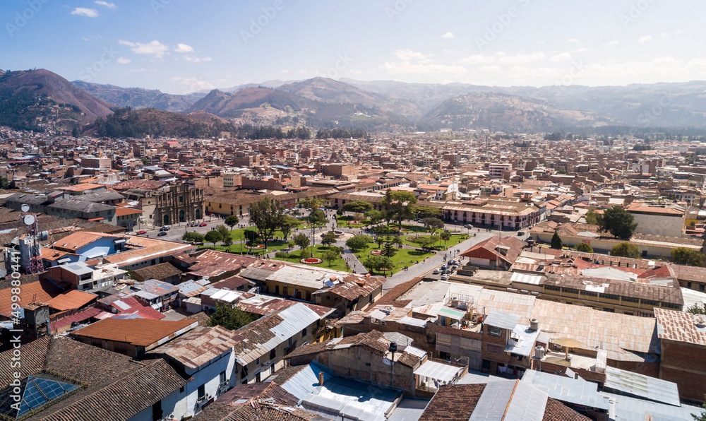 Cajamarca, Peru: Aerial view of the main square park of the city