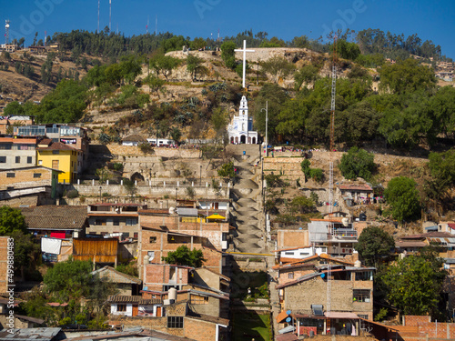 Cajamarca, Peru: Aerial drone view of Saint Apolonia church hill in downtown of Cajamarca photo