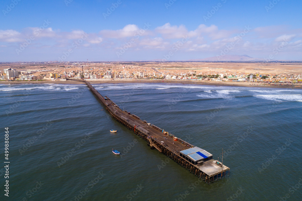 Pimentel, Chiclayo, Peru: Aerial view of the Pimentel pier, the longest in Peru Pimentel, Chiclayo, Peru: Aerial view of the Pimentel pier, the longest in Peru