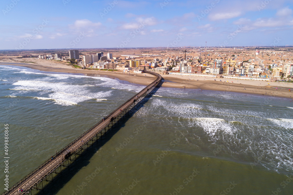 Pimentel, Chiclayo, Peru: Aerial view of the Pimentel pier, the longest in Peru Pimentel, Chiclayo, Peru: Aerial view of the Pimentel pier, the longest in Peru