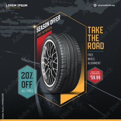 Tires car advertisement poster. Black rubber tyre sale. Shining disk car wheel tyre. Summer or winter road. Take the road. Store. Landscape banner, digital print, flyer, booklet, brochure web design.