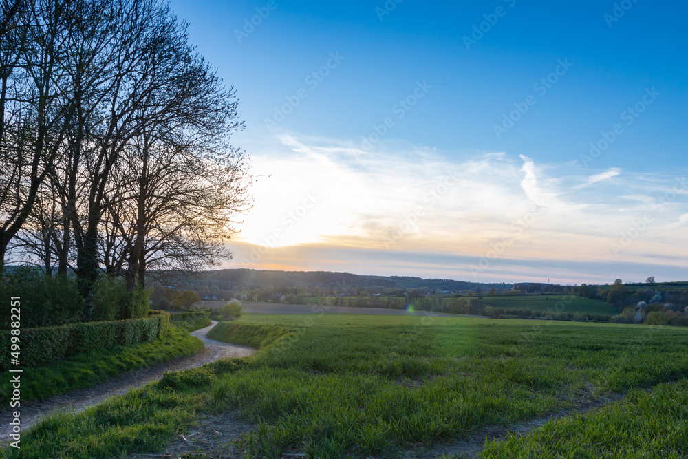 A spring landscape with rolling hills in the south of Limburg during a spectacular sunset with a dirt road which seems to lead to the sun A spring landscape with rolling hills in the south of Limburg during a spectacular sunset with a dirt road which seems to lead to the sun