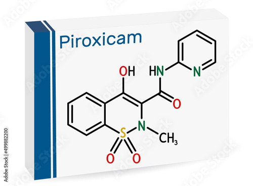 Piroxicam, piroksikam molecule. It is nonsteroidal anti-inflammatory drug NSAID. Skeletal chemical formula. Paper packaging for drugs photo