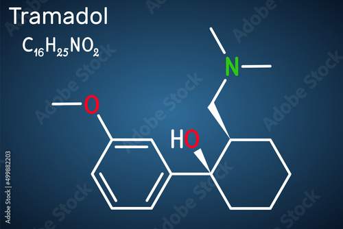 Tramadol molecule. It is synthetic psychotropic opioid analgesic, used for the therapy of severe pain. Structural chemical formula on the dark blue background