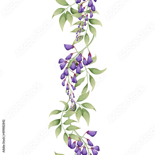 Vertical seamless border with purple wisteria. Asian plants. Botanical flower illustration for wedding design  wallpaper  advertising.