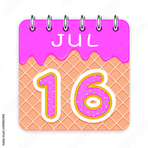 16 day of the month. July. Waffle cone calendar with melted ice cream. 3d daily icon. Date. Week Sunday, Monday, Tuesday, Wednesday, Thursday, Friday, Saturday. White background. Vector illustration.
