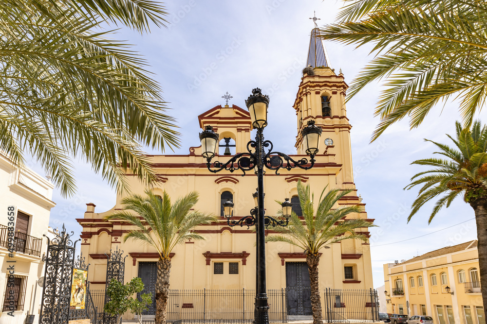 Obraz premium Facade of the parish church of San Antonio Abad in the town of Trigueros, Huelva Province, Andalusia, Spain