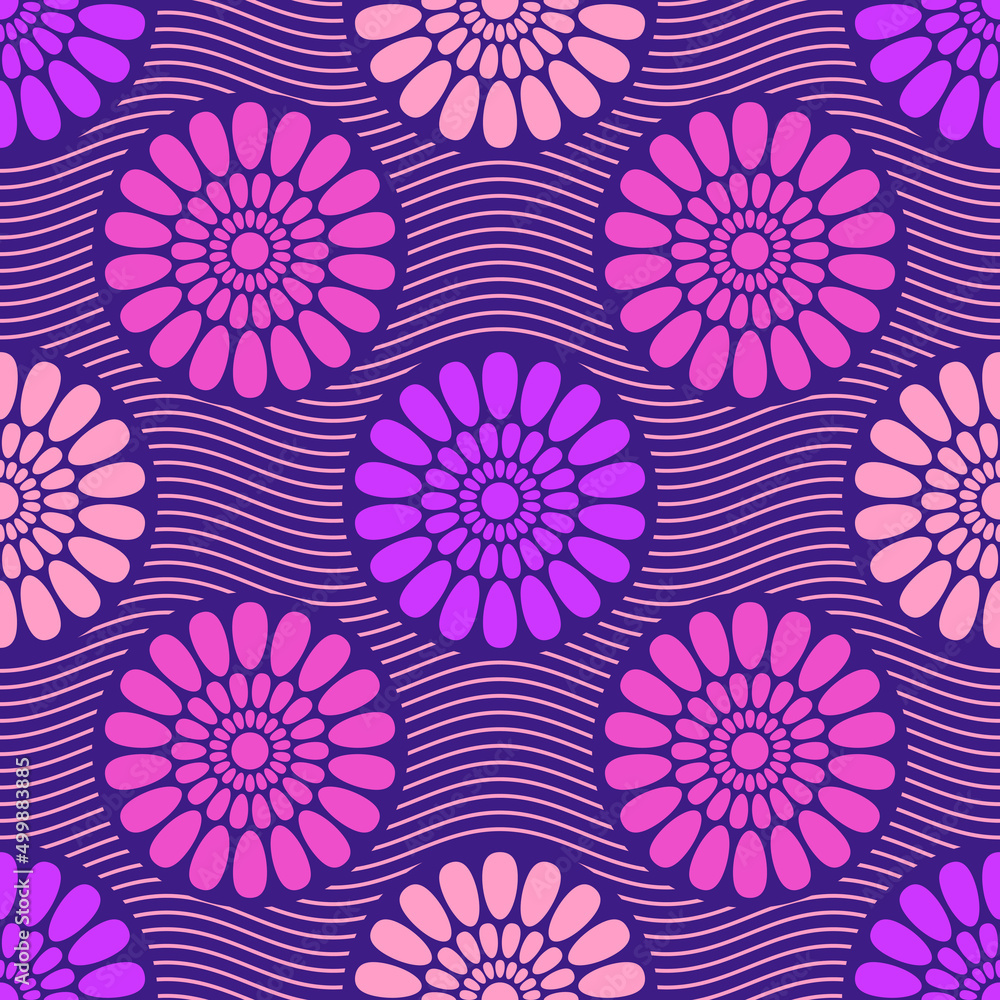 Seamless african fashion vector pattern with circles, round shapes. Bright, vibrant colors. Pink, purple colors. Color illustration.