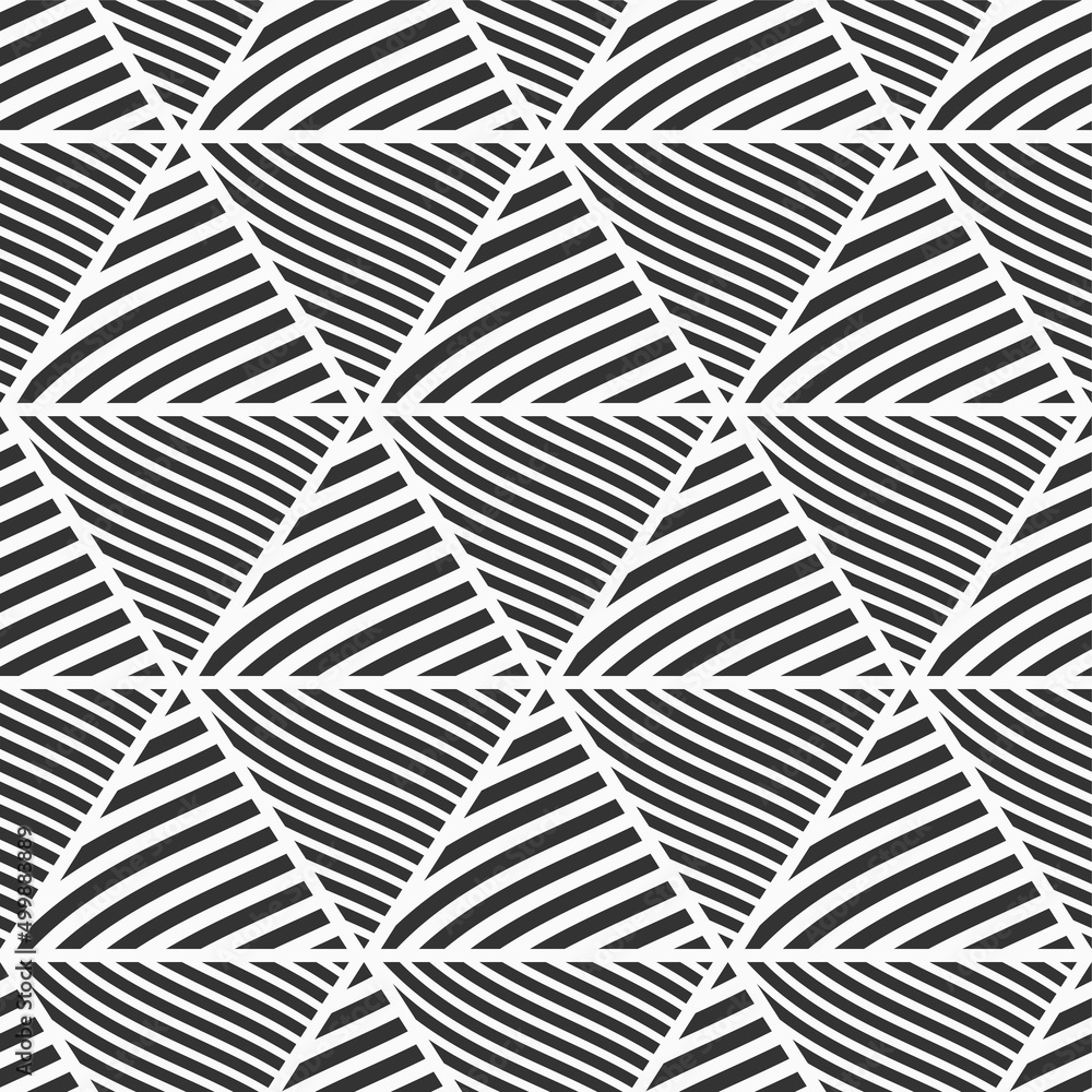 Abstract striped triangles seamless vector pattern. Repeating geometric shapes ornament. Black and white geometric background. Abstract striped triangles seamless vector pattern. Repeating geometric shapes ornament. Black and white geometric background.