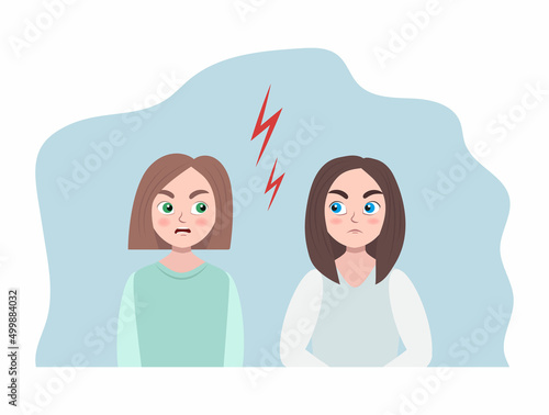conflict of two women. vector flat illustration. concept of rivalry and competition of women, dispute and dissatisfaction