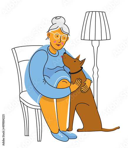 Elderly woman with big dog at home. Old woman hugging her pet. Domestic animal love and care.