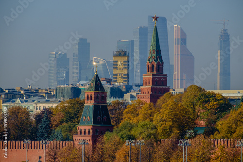 Photography Russia, Moscow, the towers of the Moscow Kremlin against the backdrop of Moscow City skyscrapers