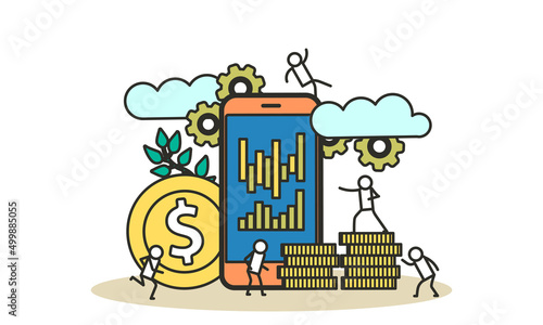 Phone digital loan finance account vector business illustration. People building cash concept web money payment. Banner network data market virtual transaction coin.  Mobile commerce customer photo
