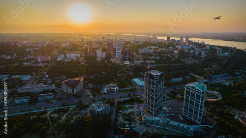 The beautiful city of Dnipro at sunset, photo from Dron