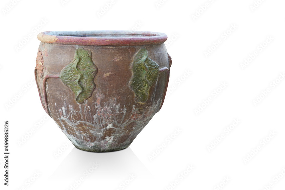 old and dirty terracotta clay jar on white background, object, decor, home, house, gift, ancient, copy space old and dirty terracotta clay jar on white background, object, decor, home, house, gift, ancient, copy space