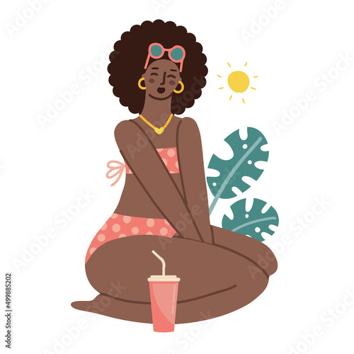 African Plus size girl drinks soda. Body positive concept. Attractive overweight black woman in cute swimsuit on tropical beach. Concept - no fatphobia. Cartoon flat hand drawn vector illustration