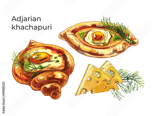 699_Adjarian khachapuri Adjarian khachapuri, dill, pastries, cheese, vector colorful illustration of a traditional dish with dough, cheese, eggs on a white background
